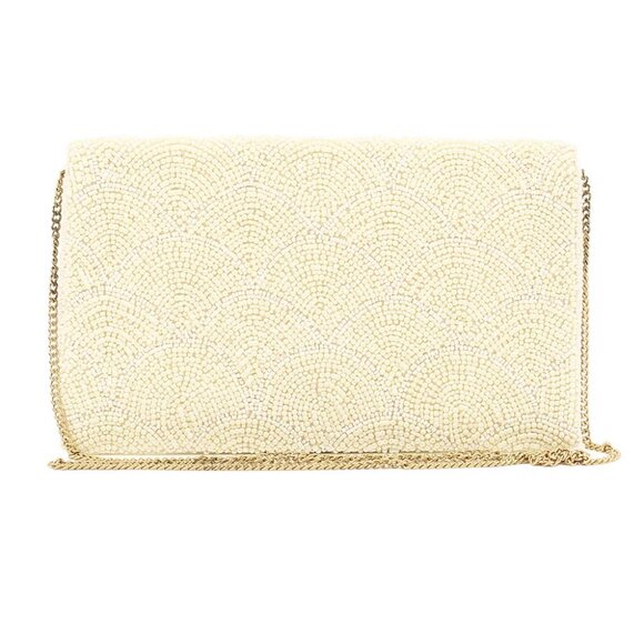 Scallop Cut Beaded Clutch / Crossbody Bag in Ivory with Gold Chain NEW NWT - Picture 9 of 14
